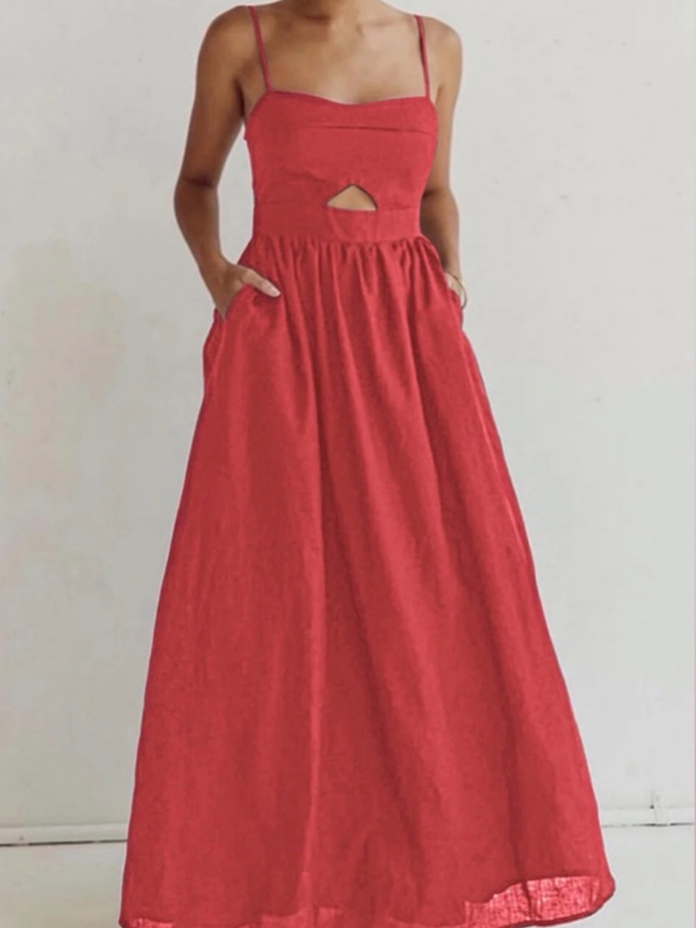 Commense Spaghetti Strap Cutout Maxi Dress - Red with pockets